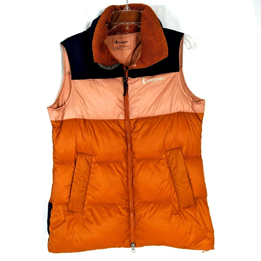 Cotopaxi Solazo Puffer Vest Orange Navy Women Size Small Down Feather Colorblock